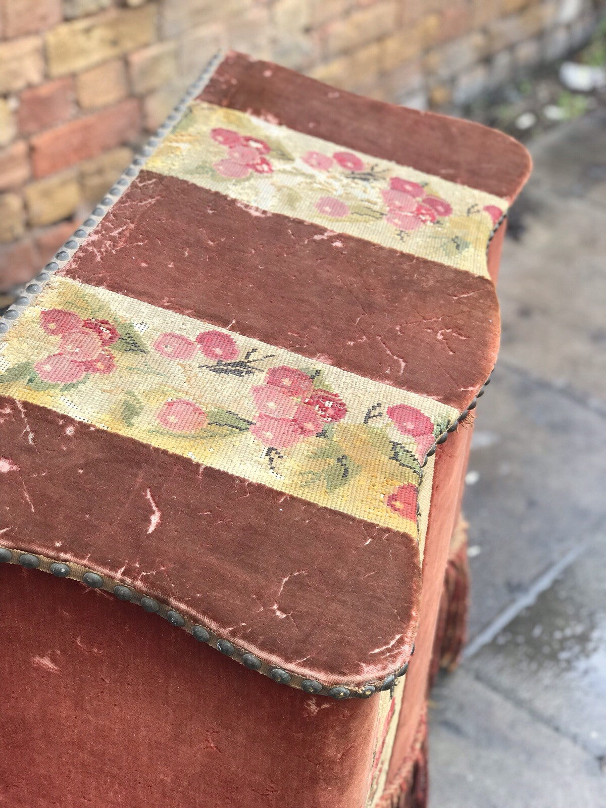 Antique Fireside Log Storage With Original Upholstered Decoration