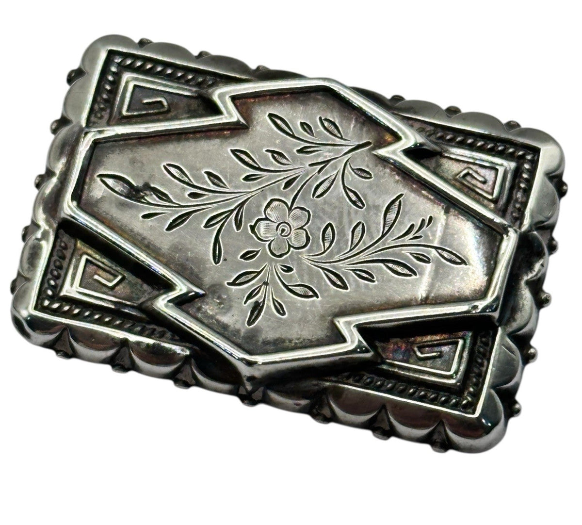 Antique Victorian Sterling Silver Flower Engraved Brooch