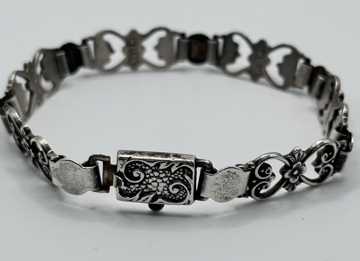 Antique Sterling Silver Fancy Link Flowers Bracelet