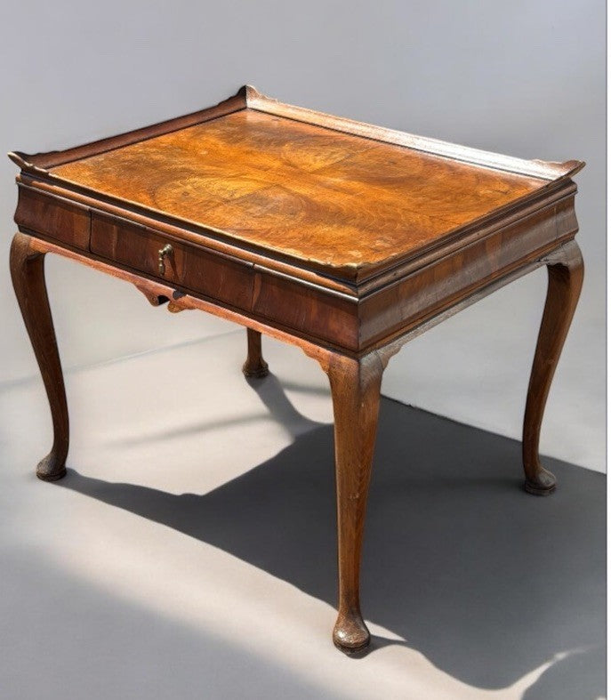 Antique Walnut Tray Top Side Table With Drawer. Pad Feet, Brass Handle.