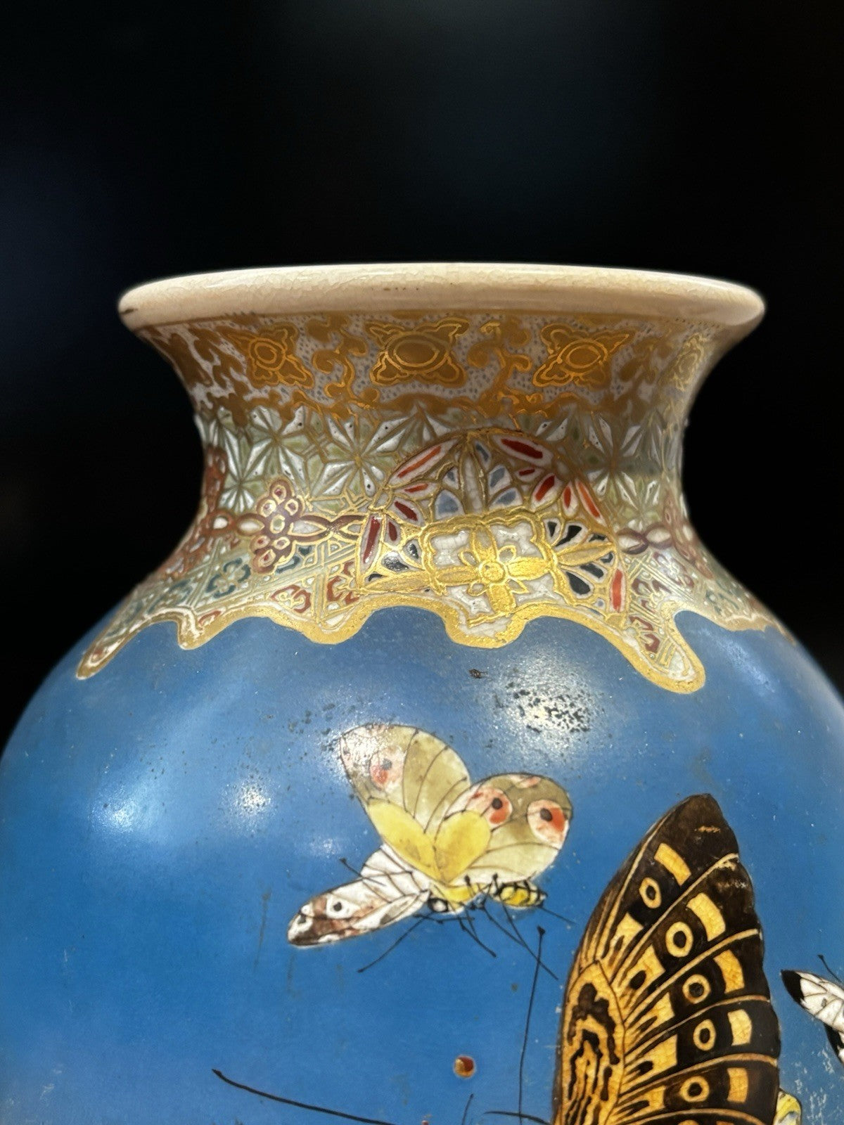 Antique  Satsuma Vase Decorated With Butterflies And Signed To Base