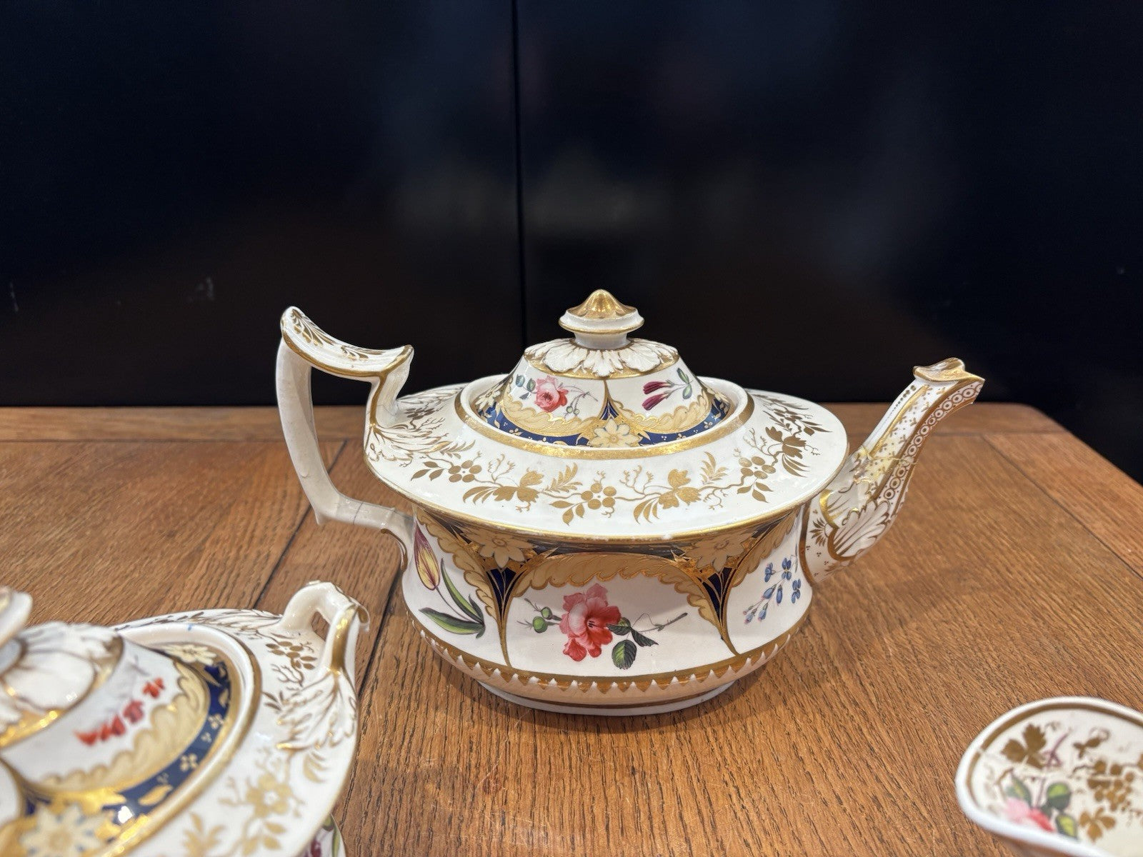Antique Machin Highly Decorated Gilt Painted Tea Pot & Stand, Sugar & Milk Jug