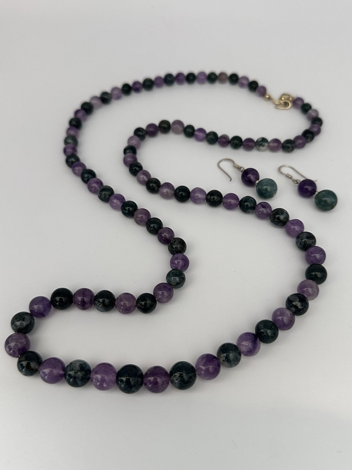 Amethyst And Moss Agate Beaded Necklace And Sterling Silver Earring Set