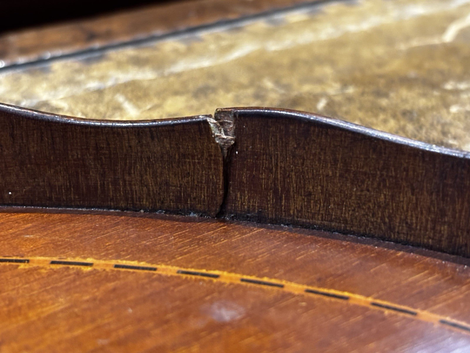 Antique Mahogany Drinks Tray With A Musical Scene Marquetry Inlaid To Centre.