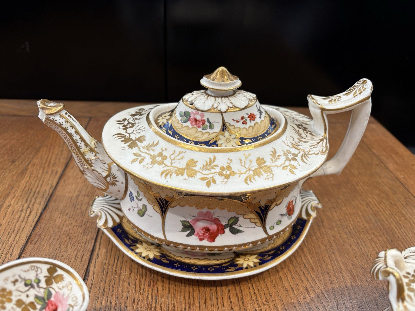 Antique Machin Highly Decorated Gilt Painted Tea Pot & Stand, Sugar & Milk Jug