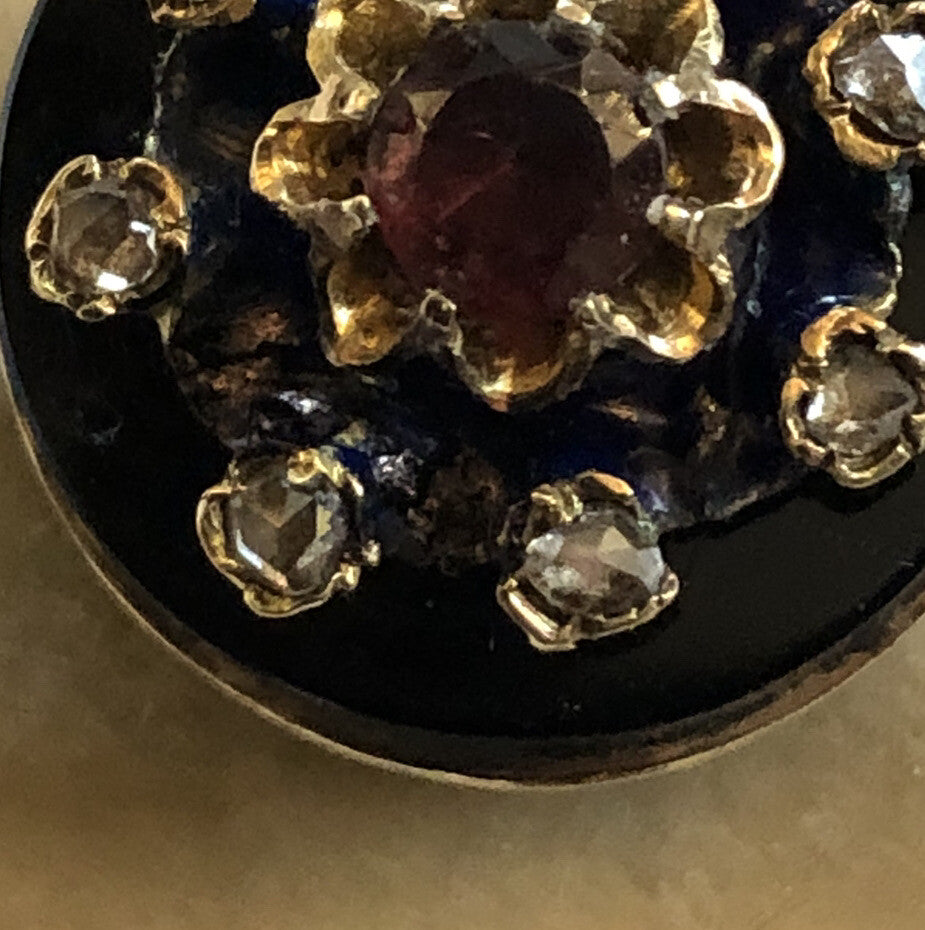 Antique Victorian 14ct Gold Onyx Old Cut Diamond Garnet Enamel Brooch