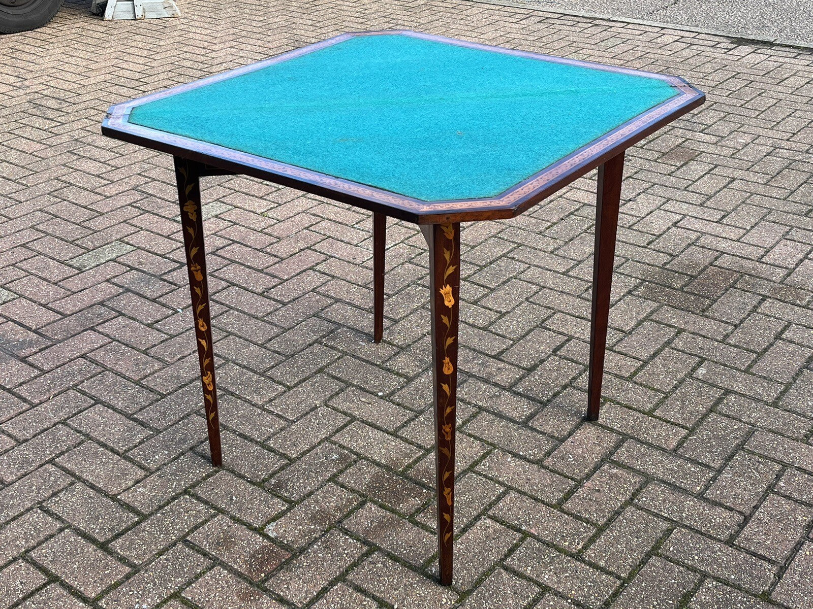 18thC Dutch Marquetry Games Table With Fold Over Lid & Baized Playing Area