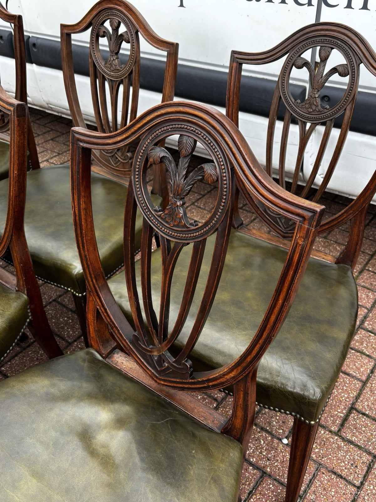 8 Hepplewhite Dining Chairs. Green Leather Upholstery. Prince Of Wales Feathers