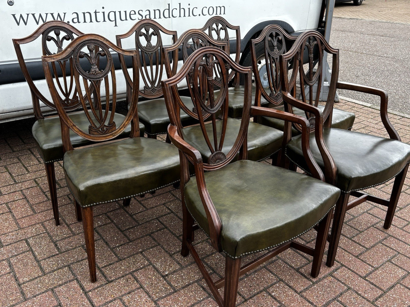 8 Hepplewhite Dining Chairs. Green Leather Upholstery. Prince Of Wales Feathers