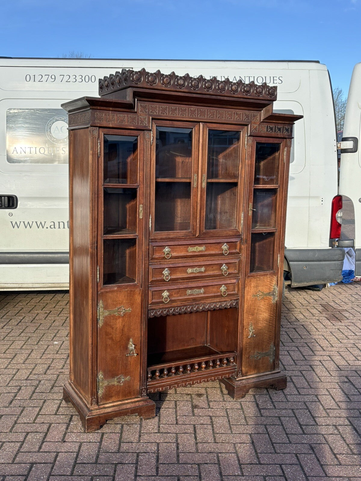 Arts & Crafts French Walnut Bookcase / Cupboard With Fitted Shelves & Drawers
