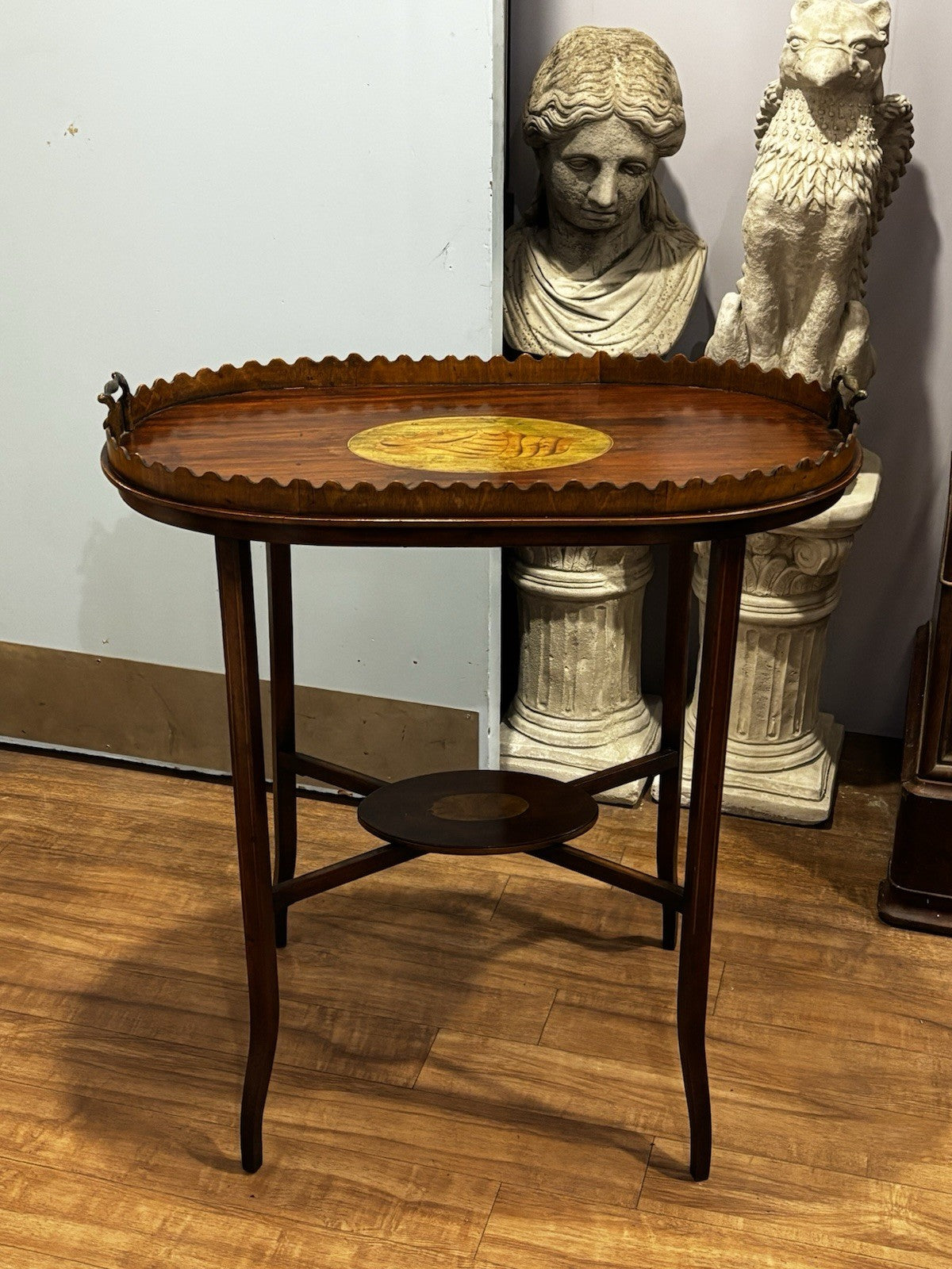 Antique English Wood Tray Top Serving Table with Inlaid Conch Design