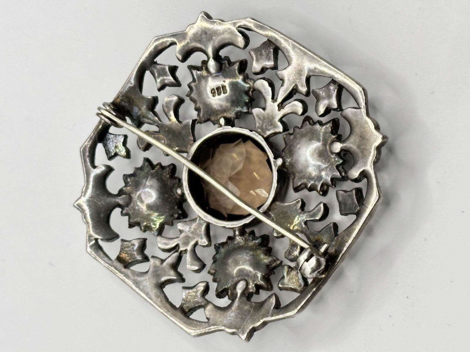 Antique Edwardian  Silver 925 Marcasite Glass Stone Brooch