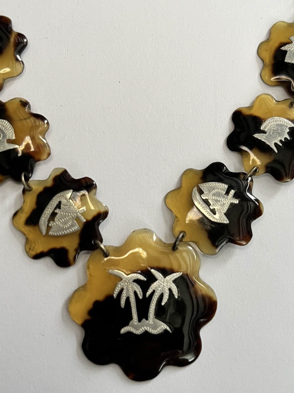Antique Natural Marine Shell Silver Pique Palm Tree Necklace