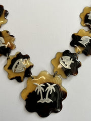 Antique Natural Marine Shell Silver Pique Palm Tree Necklace