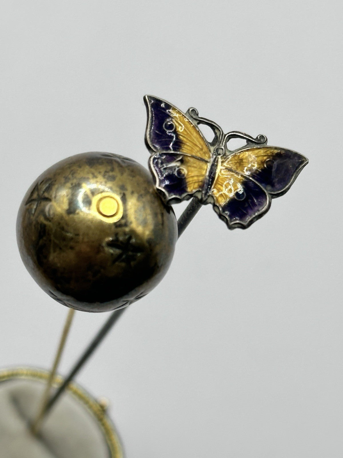 Antique 11cm Length Enamel Butterfly And Ball Stars Hat Pin