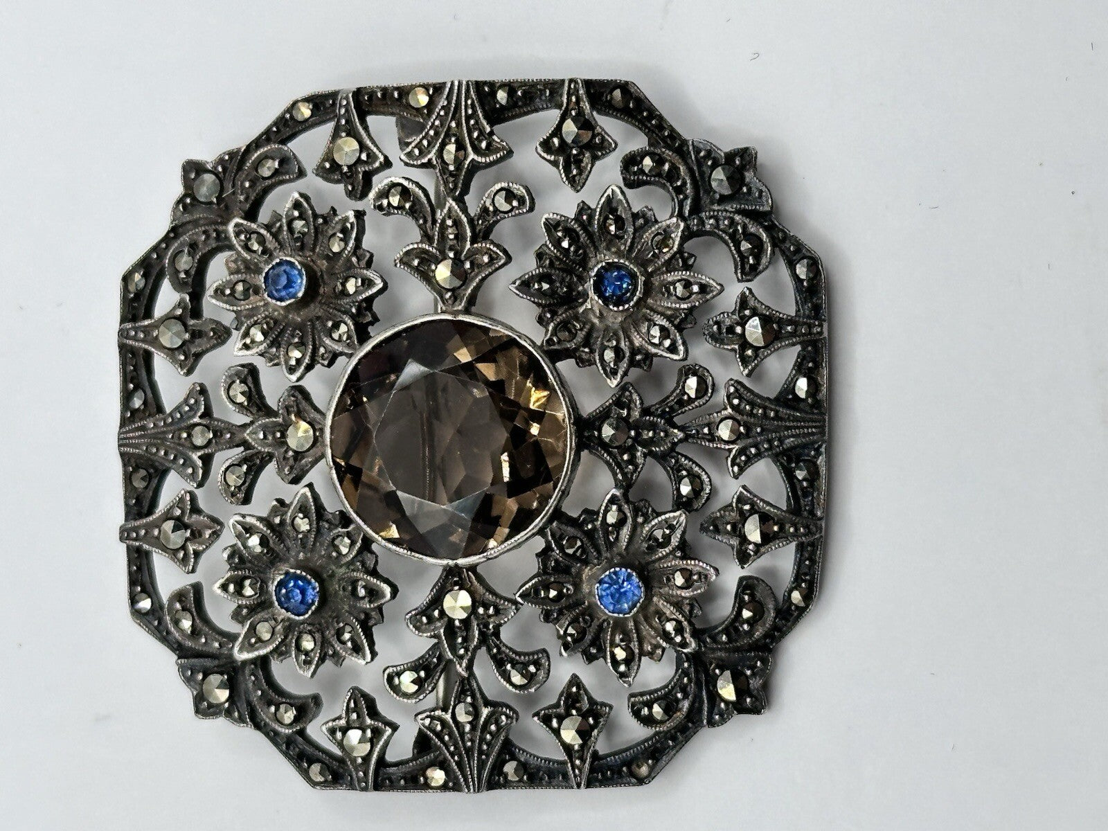Antique Edwardian  Silver 925 Marcasite Glass Stone Brooch