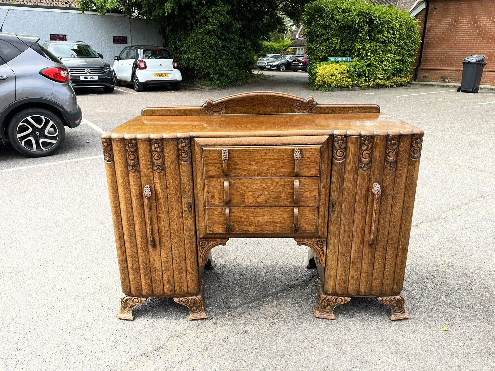 Art Deco Oak Sideboard. Circa 1930's. Carved With Flowers . Lots Of Storage.