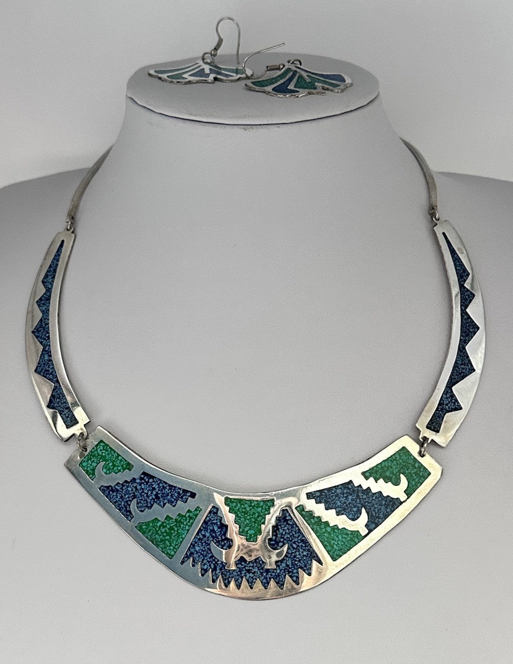 Alpaca Mexico Crushed Turquoise Blue Stone Collar Necklace And Earring Set