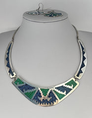 Alpaca Mexico Crushed Turquoise Blue Stone Collar Necklace And Earring Set