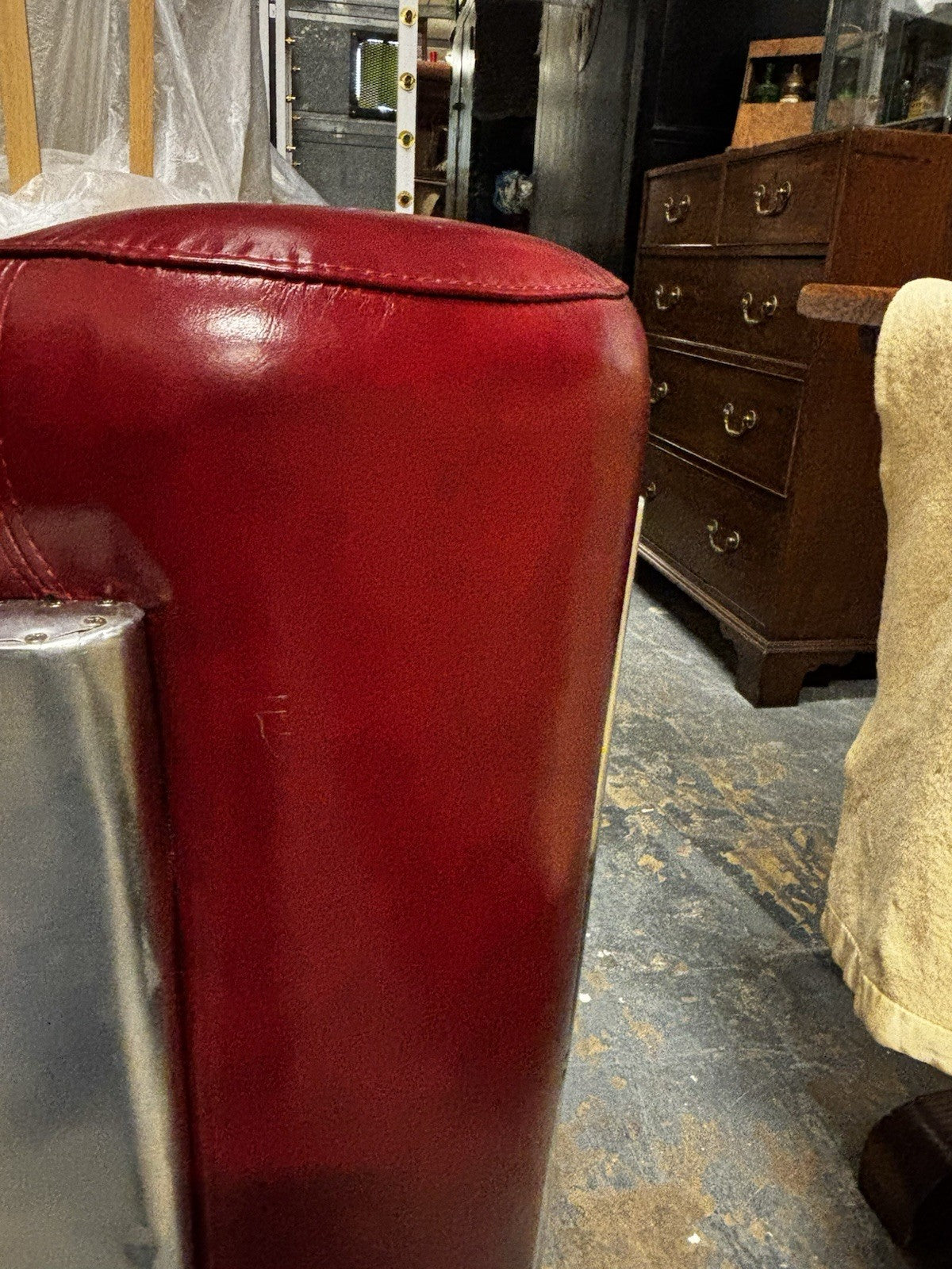 Aviators Polished Metal  Armchair, With Red Leather Upholstery.