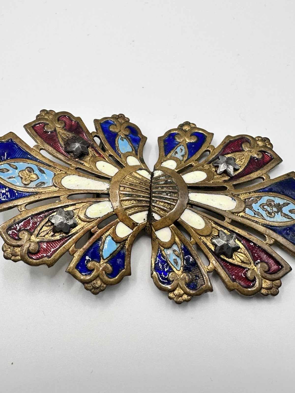 Art Nouveau Enamel Cut Steel Stars Brass Buckle