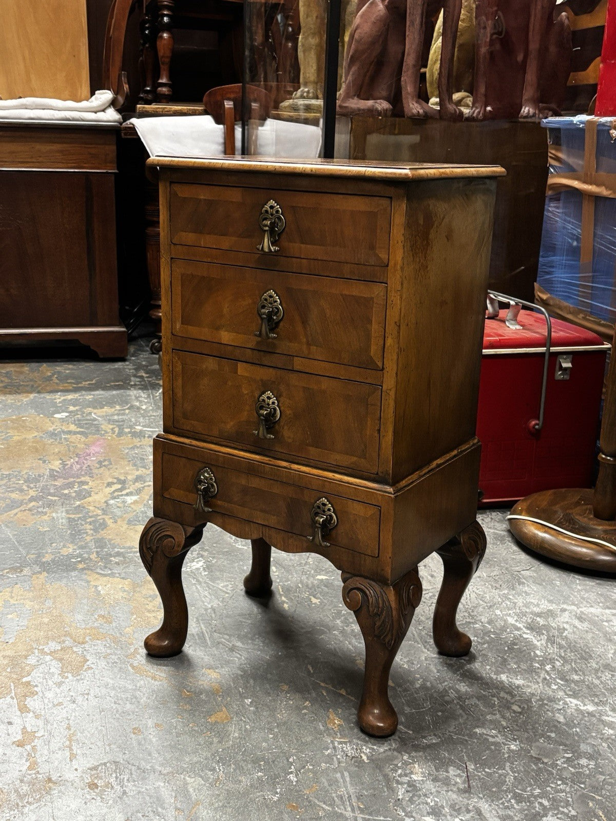 Art Deco Walnut Small Chest Of Drawers, Brass Handles.