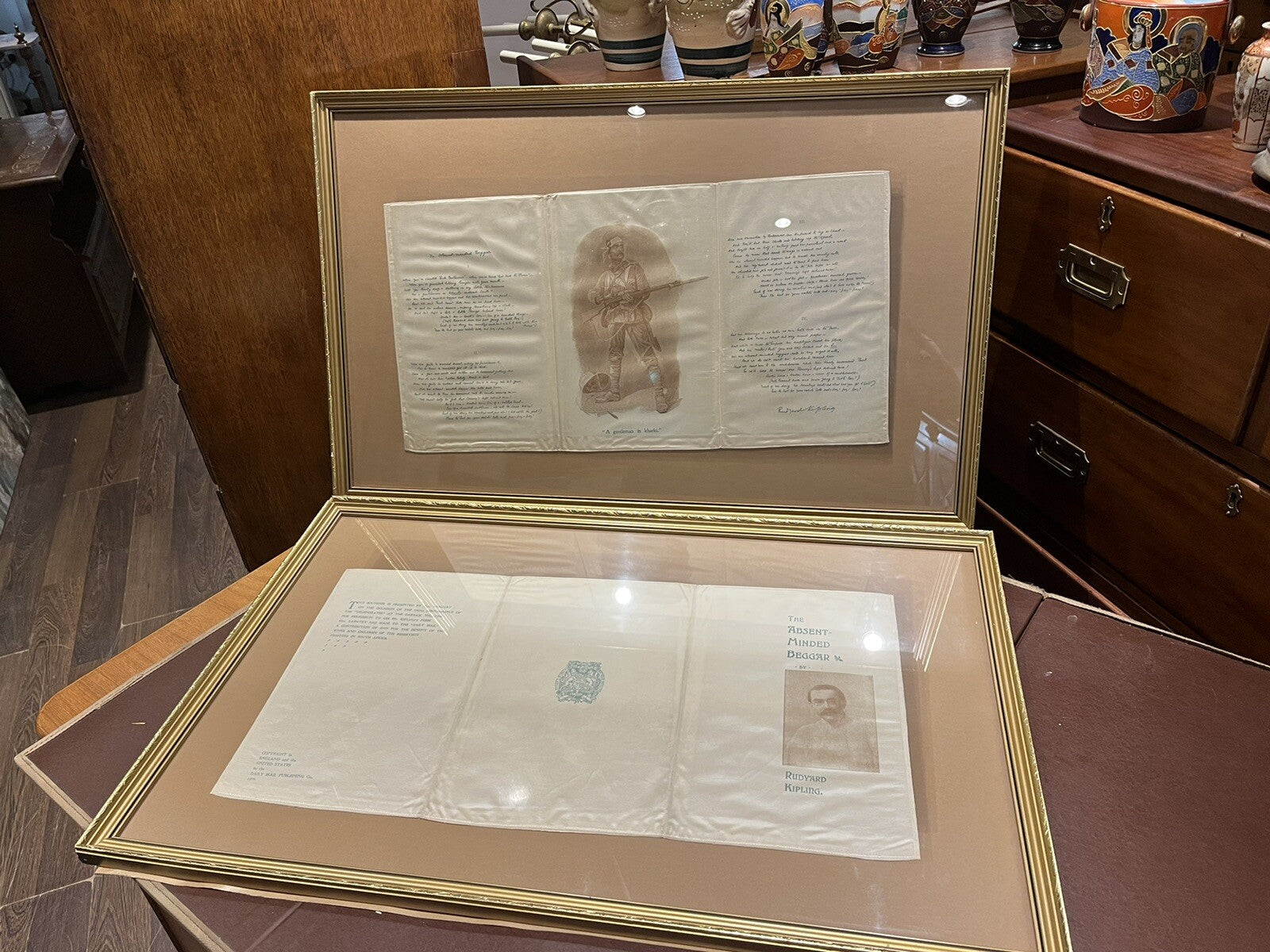 2 ORIGINAL Framed Silk Souvenir From Garrick Theatre, Rudyard Kipling 1899.