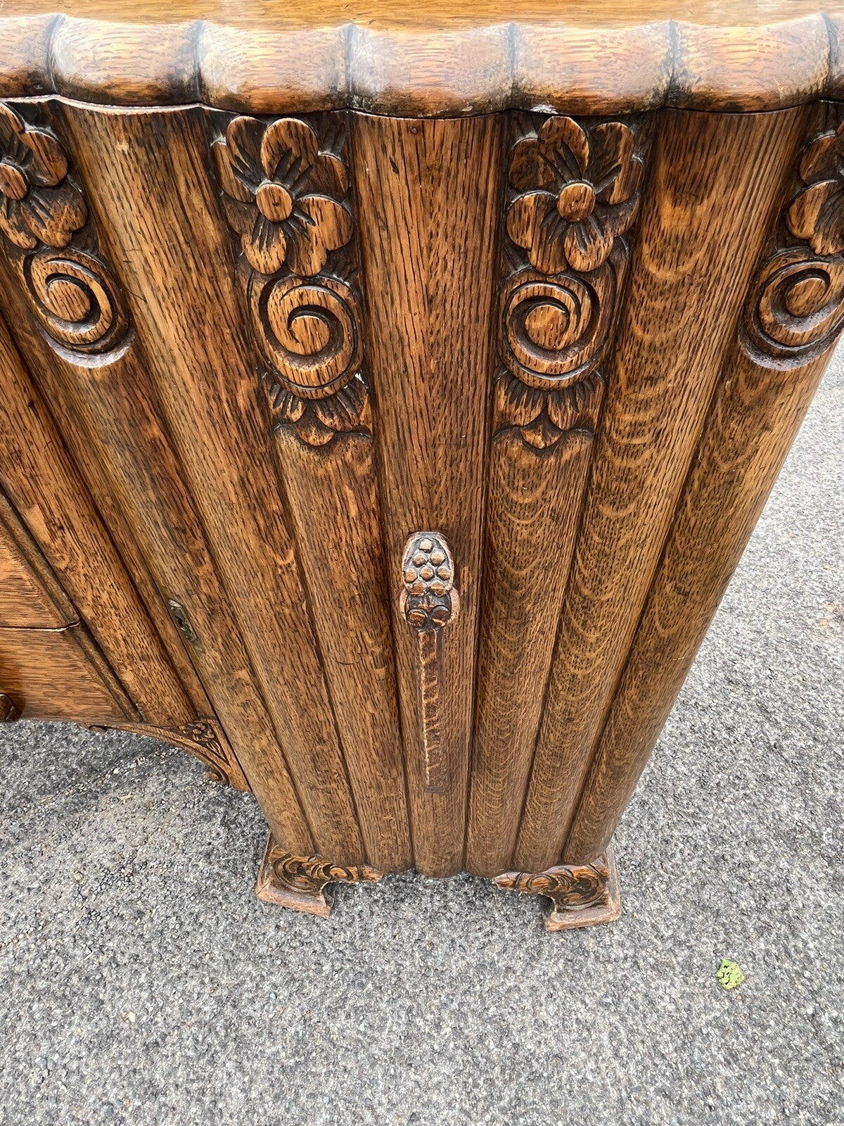 Art Deco Oak Sideboard. Circa 1930's. Carved With Flowers . Lots Of Storage.