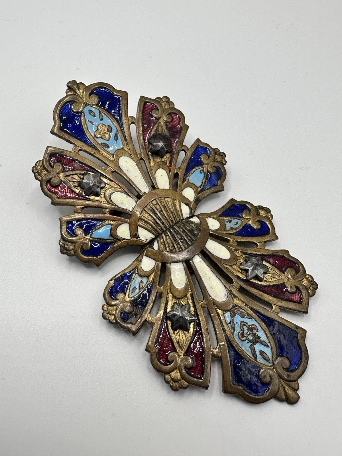 Art Nouveau Enamel Cut Steel Stars Brass Buckle