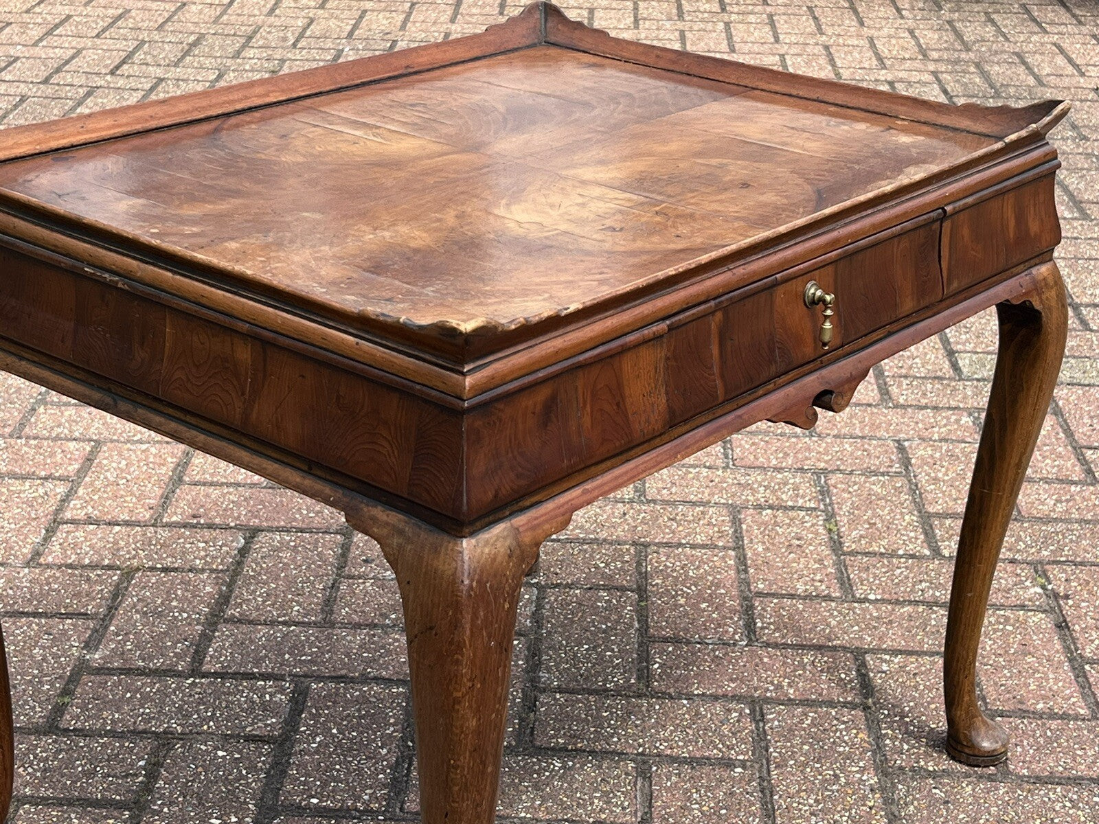 Antique Walnut Tray Top Side Table With Drawer. Pad Feet, Brass Handle.
