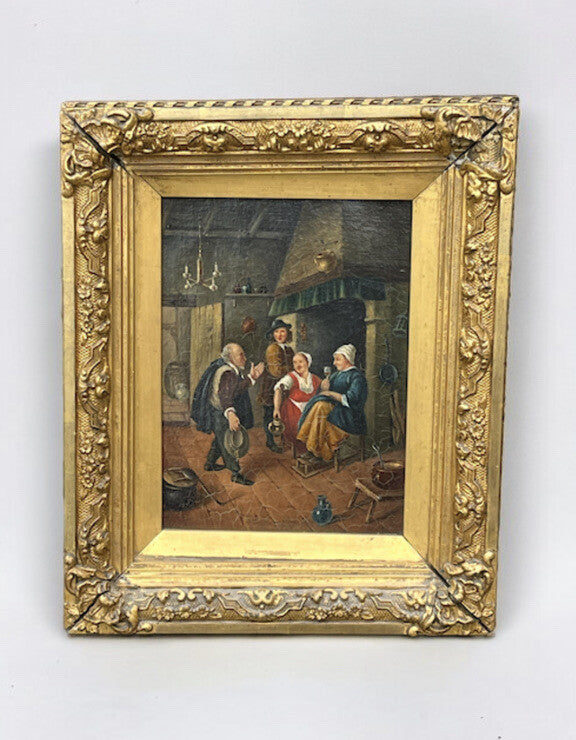 19th Century English Tavern Or Inn Scene. Oil On Canvas In Gold Gilt Frame.