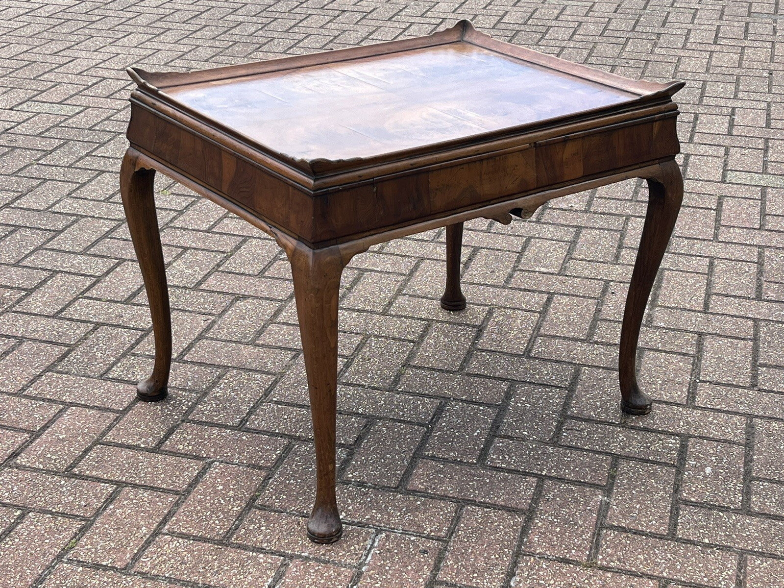 Antique Walnut Tray Top Side Table With Drawer. Pad Feet, Brass Handle.