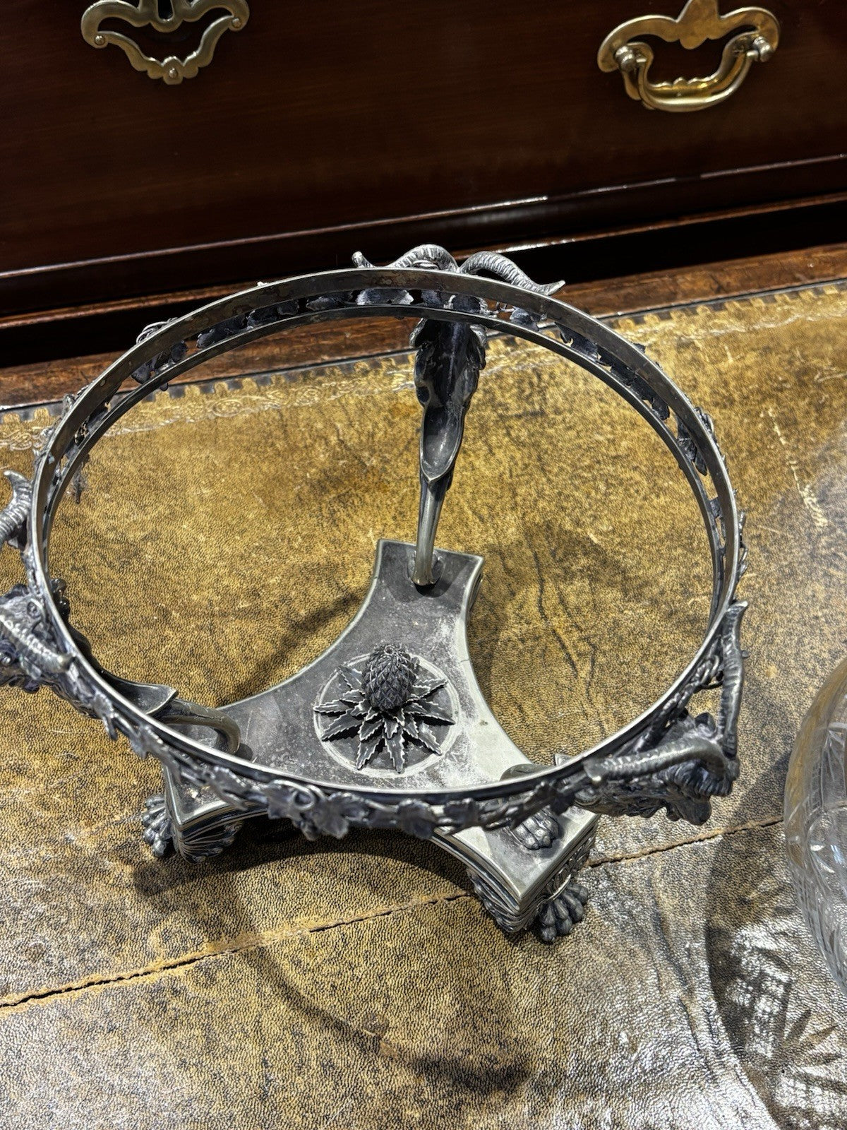Antique Centrepiece Decorated With Ram Mask Mounts, & Foliage On Claw Feet.