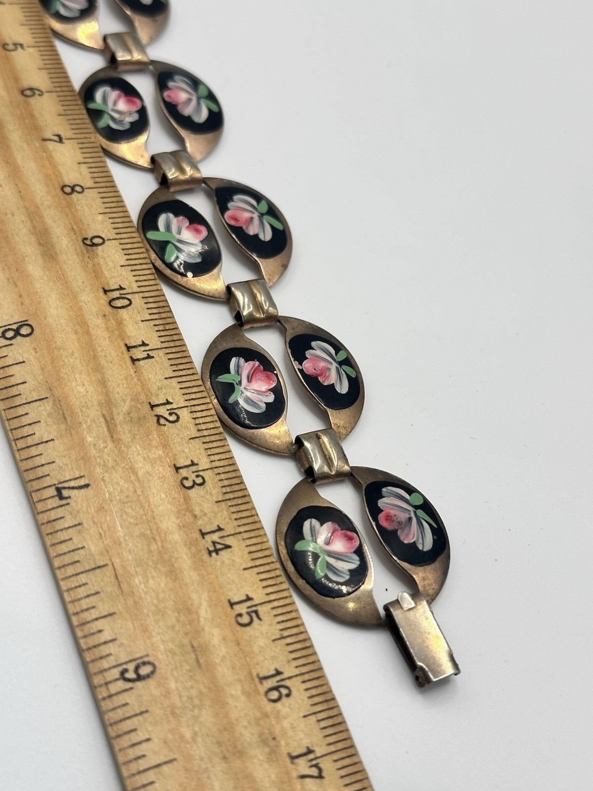 Beautiful Vintage Enamelled Hand Painted Pink Flowers Metal Bracelet