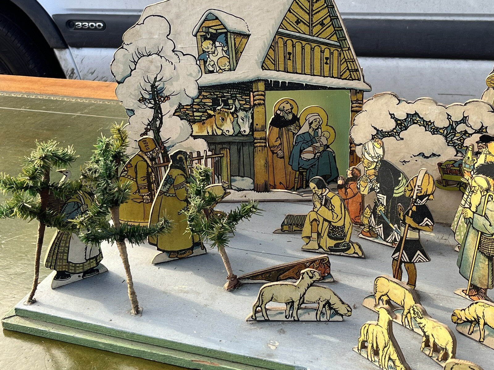 1950's Nativity Set, Wood With Printed Decoration. HUGE IN SIZE.