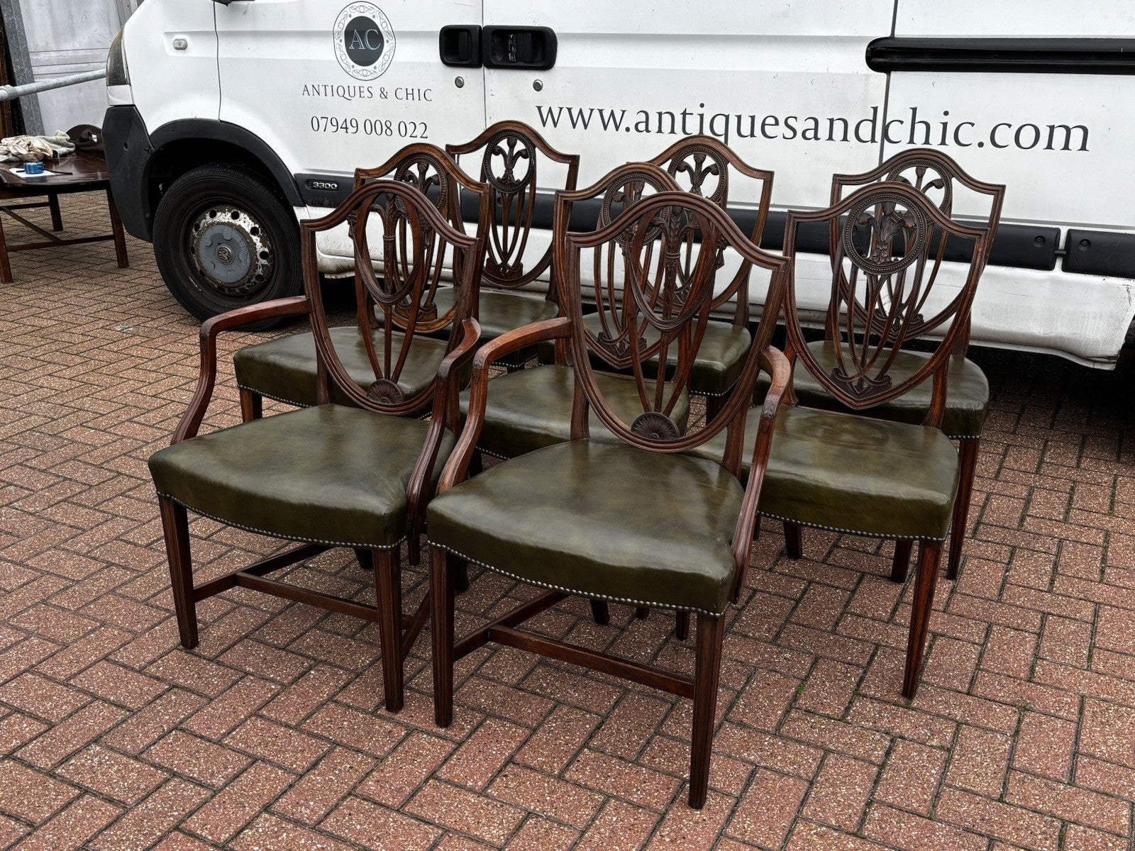 8 Hepplewhite Dining Chairs. Green Leather Upholstery. Prince Of Wales Feathers