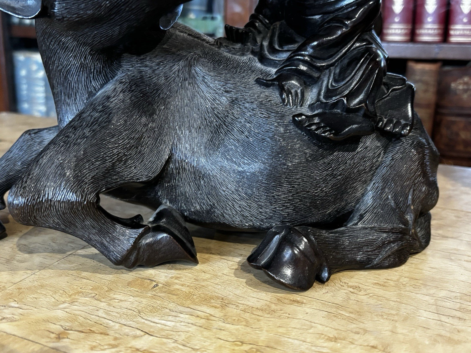 Antique Wooden Carved Figure Sitting On A Water Buffalo, Super Quality