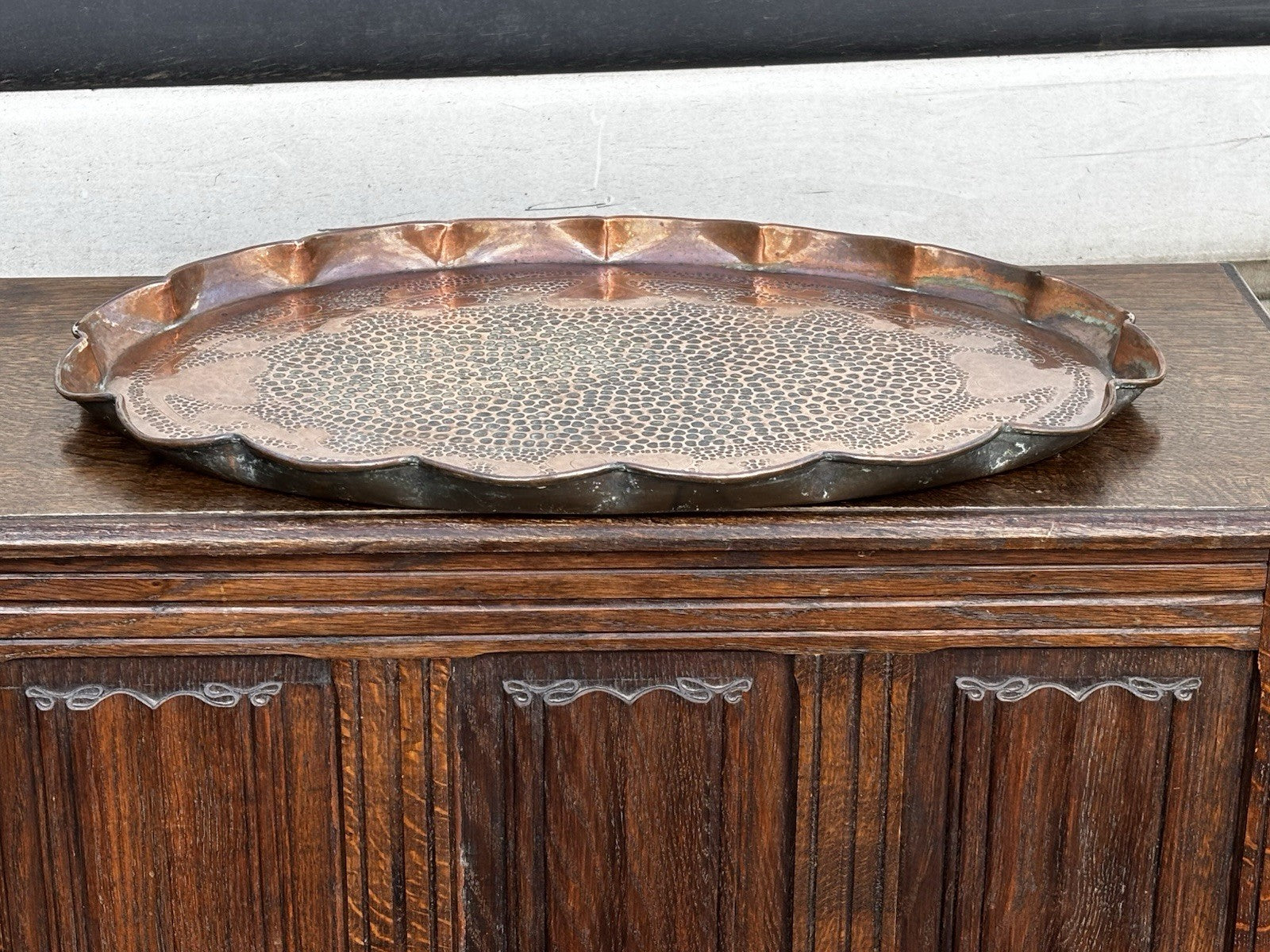 Arts & Crafts Decorated Copper Tray. Large In Size.