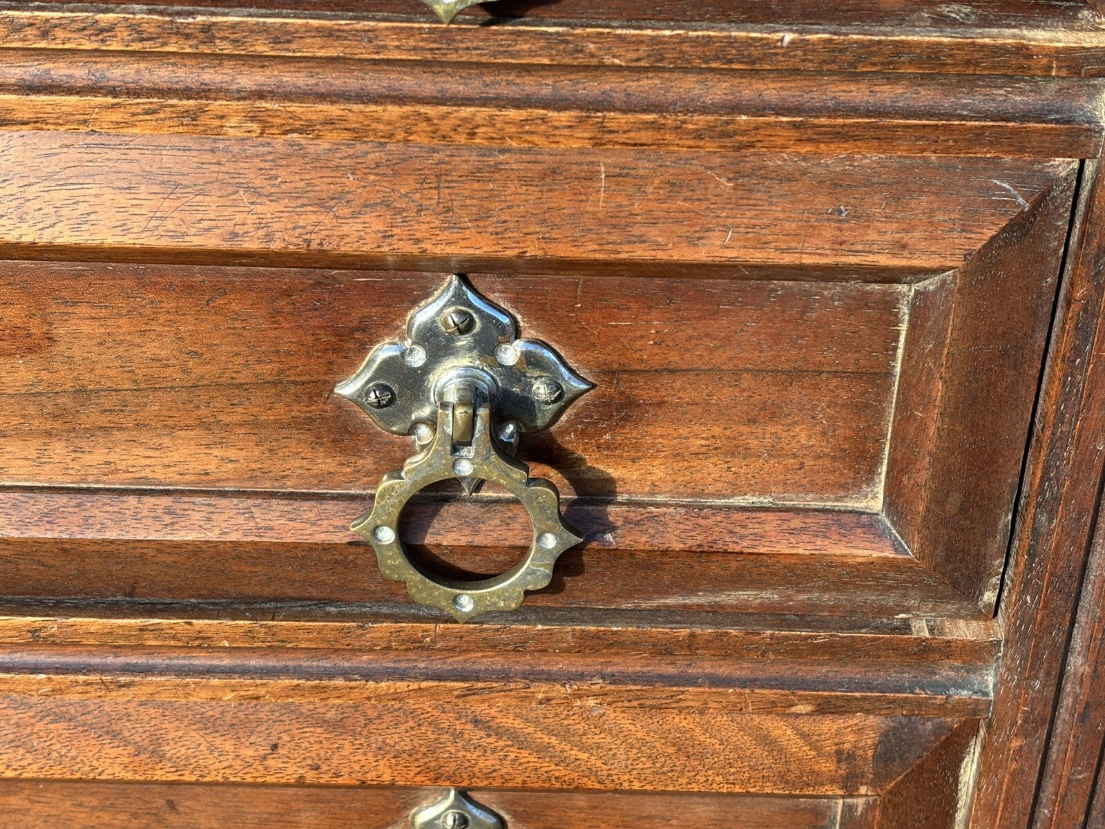 Arts & Crafts French Walnut Bookcase / Cupboard With Fitted Shelves & Drawers