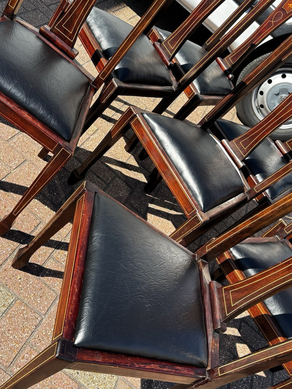8 Art Noveau Marquetry Inlaid Mahogany Dining Chairs, New Upholstery.