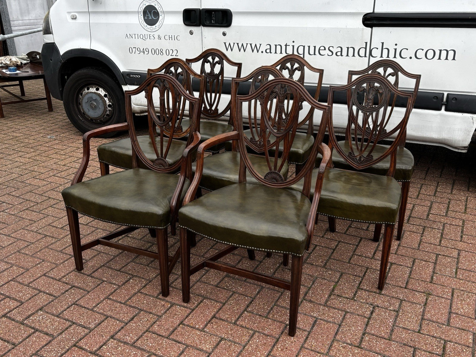 8 Hepplewhite Dining Chairs. Green Leather Upholstery. Prince Of Wales Feathers