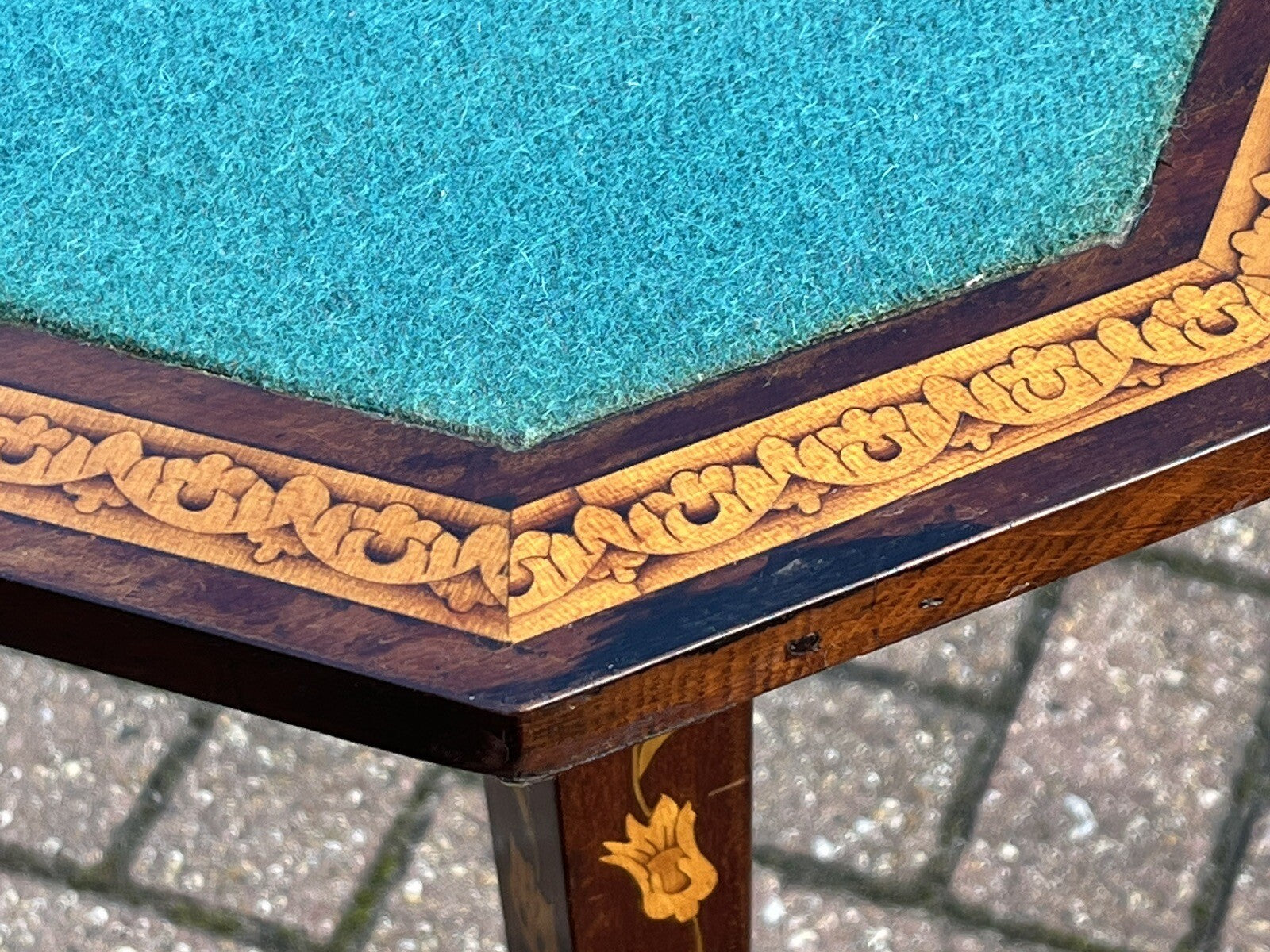 18thC Dutch Marquetry Games Table With Fold Over Lid & Baized Playing Area