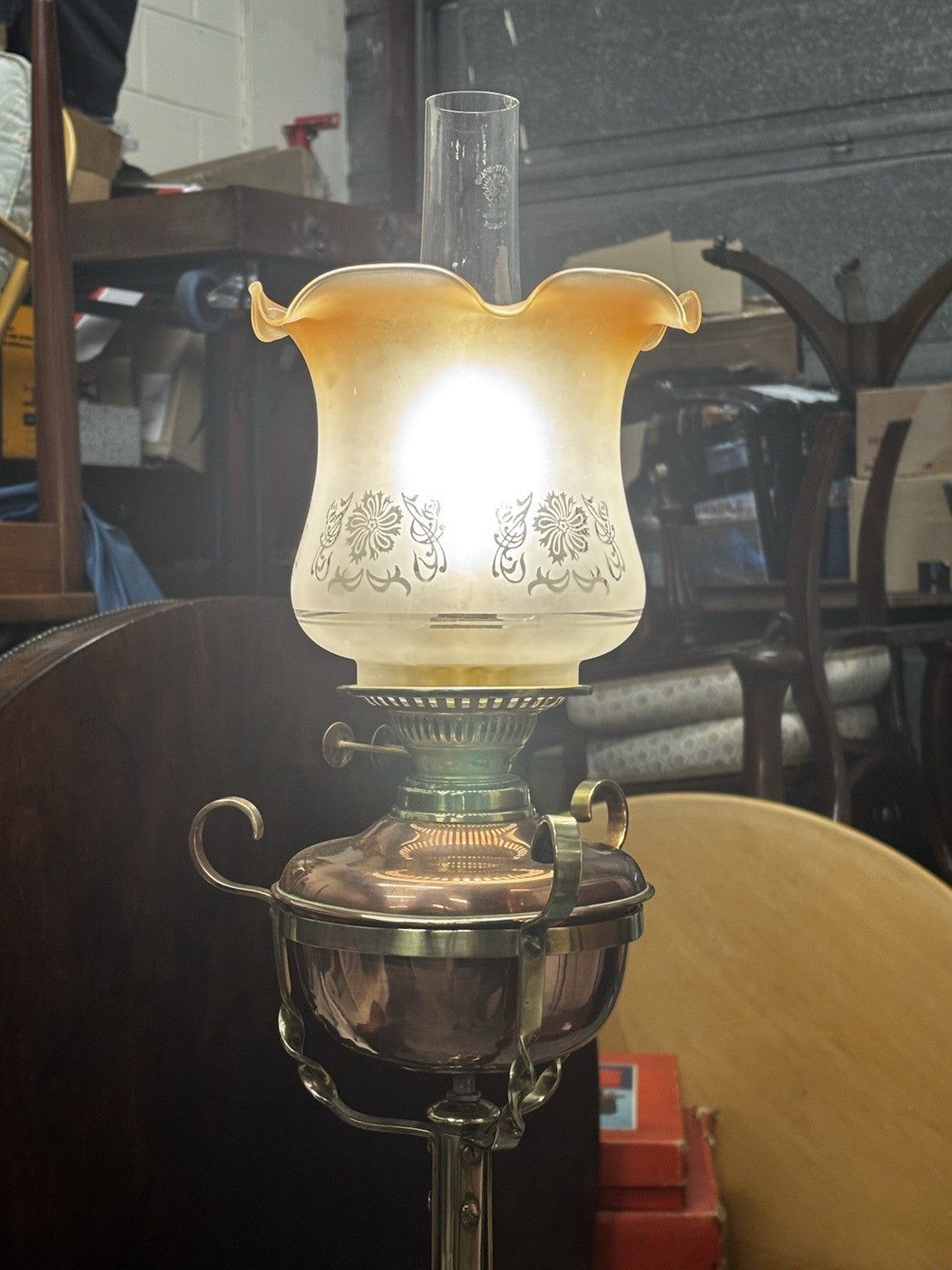 Art Noveau Brass & Copper Height Adjustable Electric Converted Oil Lamp- Superb