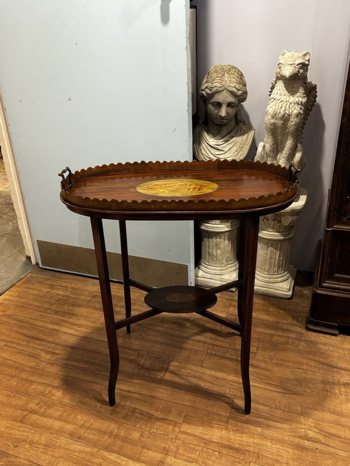 Antique English Wood Tray Top Serving Table with Inlaid Conch Design