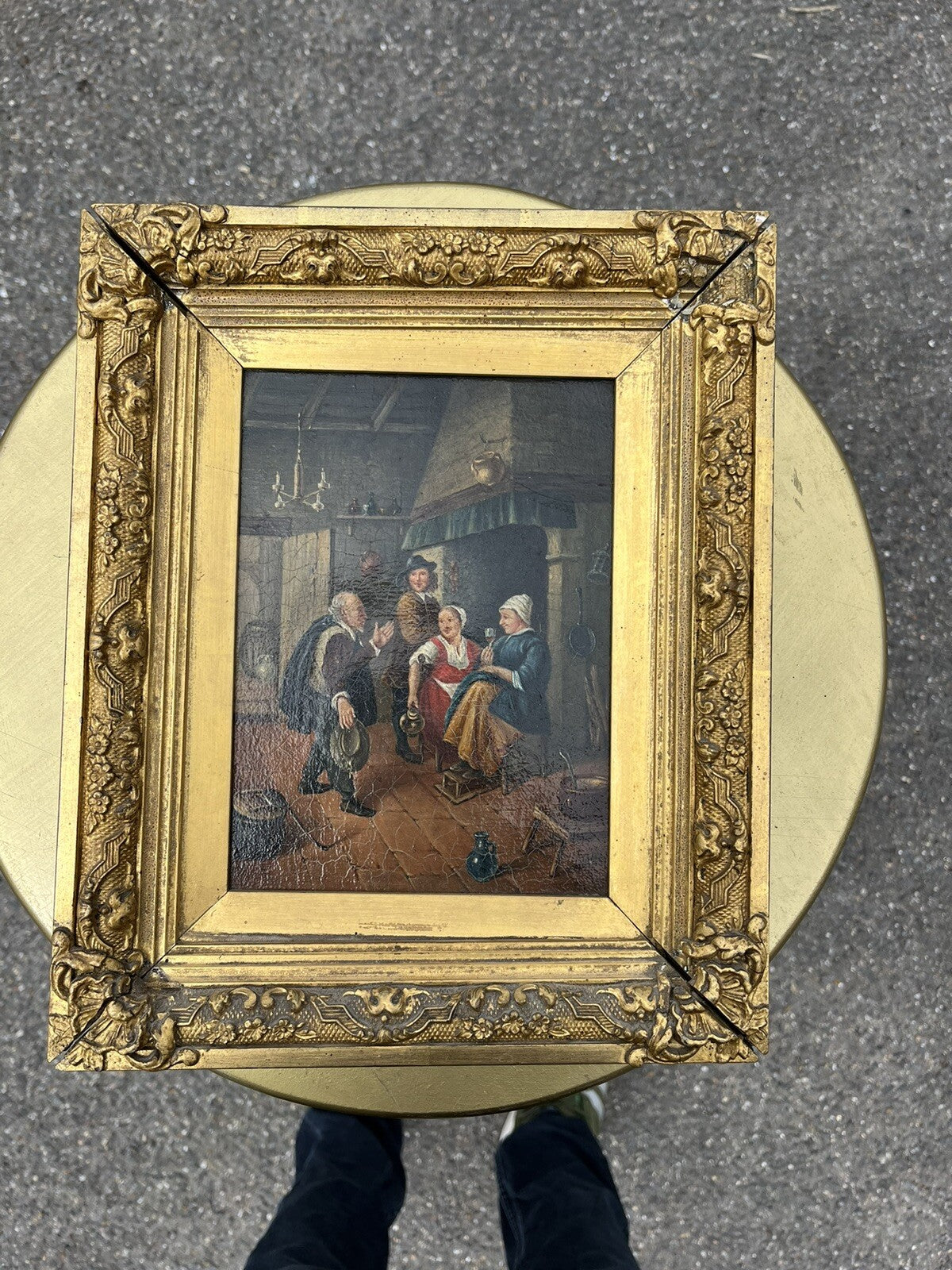 19th Century English Tavern Or Inn Scene. Oil On Canvas In Gold Gilt Frame.
