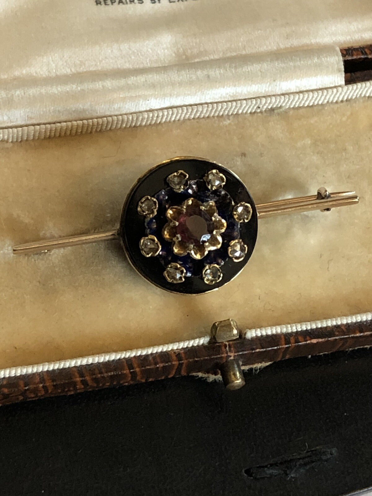 Antique Victorian 14ct Gold Onyx Old Cut Diamond Garnet Enamel Brooch
