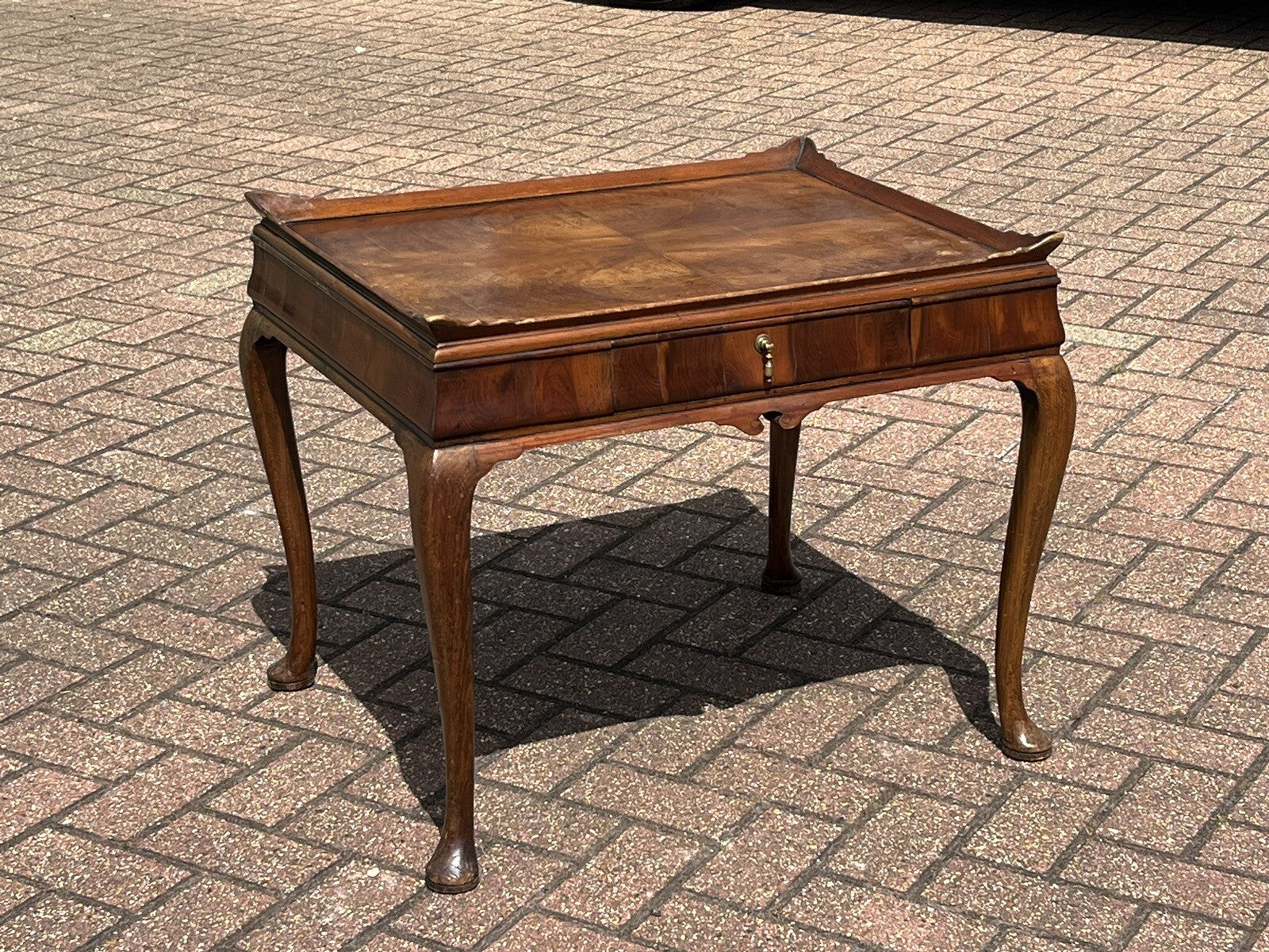 Antique Walnut Tray Top Side Table With Drawer. Pad Feet, Brass Handle.