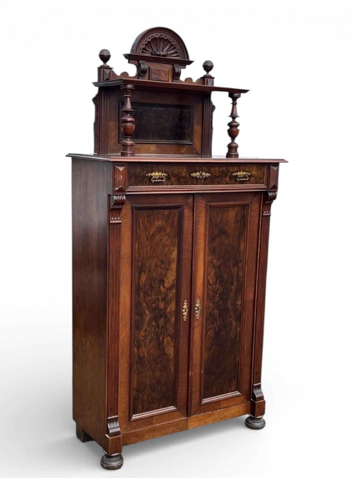 Antique Walnut Bookcase / Cupboard With Fitted Shelves & Drawer