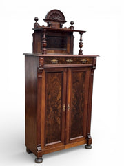 Antique Walnut Bookcase / Cupboard With Fitted Shelves & Drawer