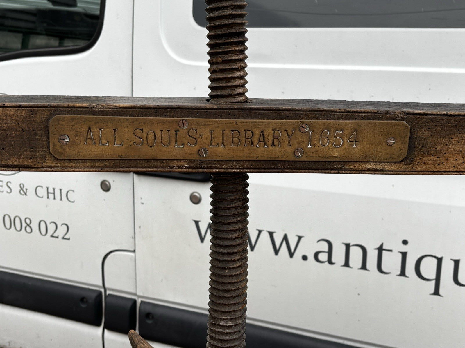 Antique Oak Book Press With Brass Plaque    "All Souls Library"